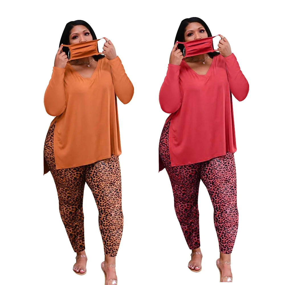 

Solid Color Long Sleeve Loose Top Leopard Printed Pencil Trousers Set Plus Size Autumn Clothing for Woman 2021 Fall Clothes