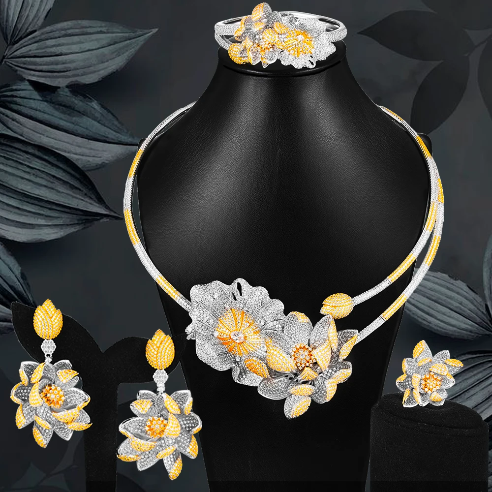 

Blachette Luxury Noble Flowers Necklace Bracelet Earrings Ring Sets Women Bridal Wedding Party Show Jewelry Mother Lover Gift