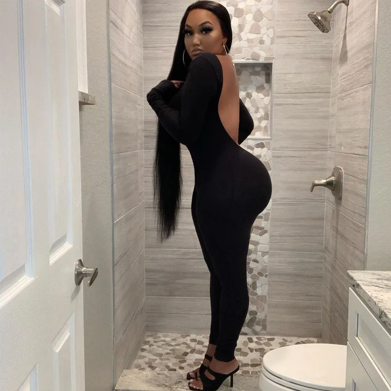

CHRONSTYLE2021 Sexy Women Backless Jumpsuits Hollow Out Long Sleeve Workout Overalls Solid One Piece Sportywear Female Outifits
