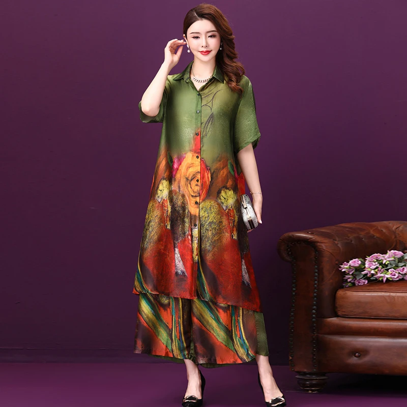 Verão de Duas Calças de Duas Oversize Terno Novo Peças Feminino Retro Imprimir Longo Cardigan Topo Solto Calças Largas 6xl Mãe 2022