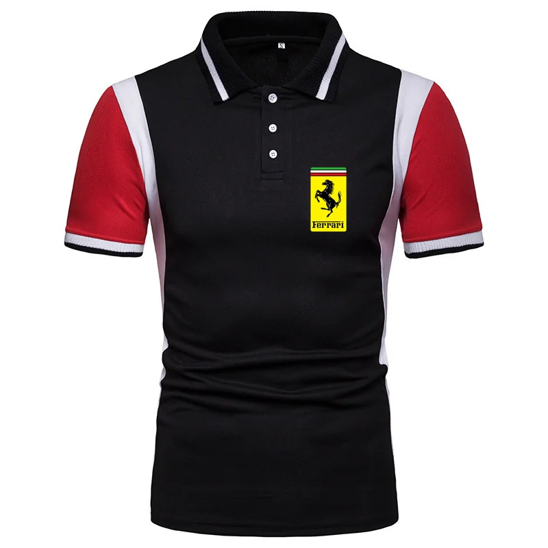 

2021 Ferrari Summer Fashion Casual Men's Slim T-shirt Letter Printing Design Stitching Color Polo Shirt Track Field Sports