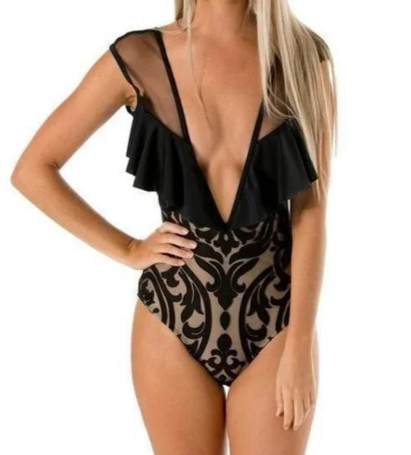 Женские одноцветные сексуальные сетчатые с глубоким v образным вырезом цельные