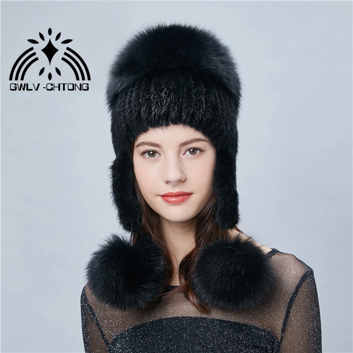 Новое подлинное натуральное вязаное Норковое меховая шапка с большим лисьим
