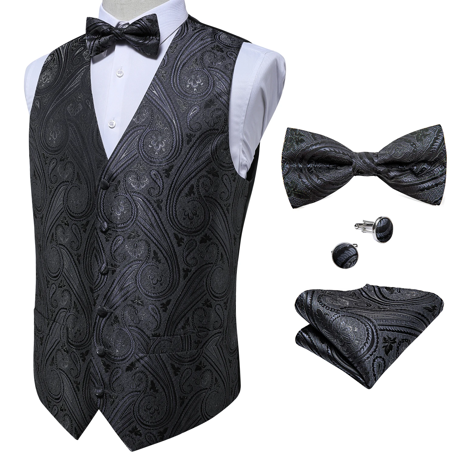 

Men Vest Bow tie Set Man Wedding Business Formal Vest Classic Black Floral Pattern Weaving Waistcoat Bowtie Hanky Cufflinks Set