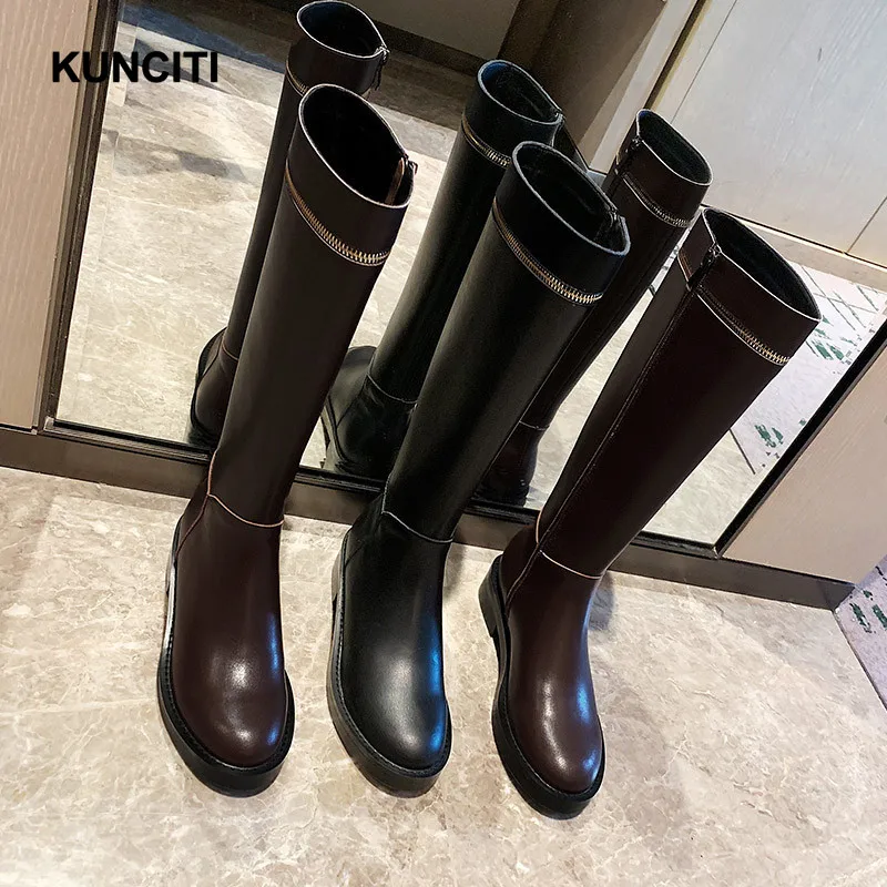 KUNCITI/; женские зимние сапоги до колена; сапоги на квадратном каблуке; ботинки в байкерском стиле; женская обувь на молнии; высококачественные высокие сапоги; B912