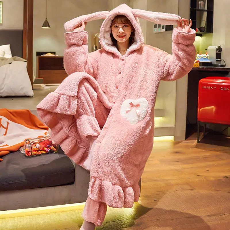 Autumn and winter pajamas women coral velvet thickened warm long robe fat plus size fat mm 200 pounds home furnishing clothes