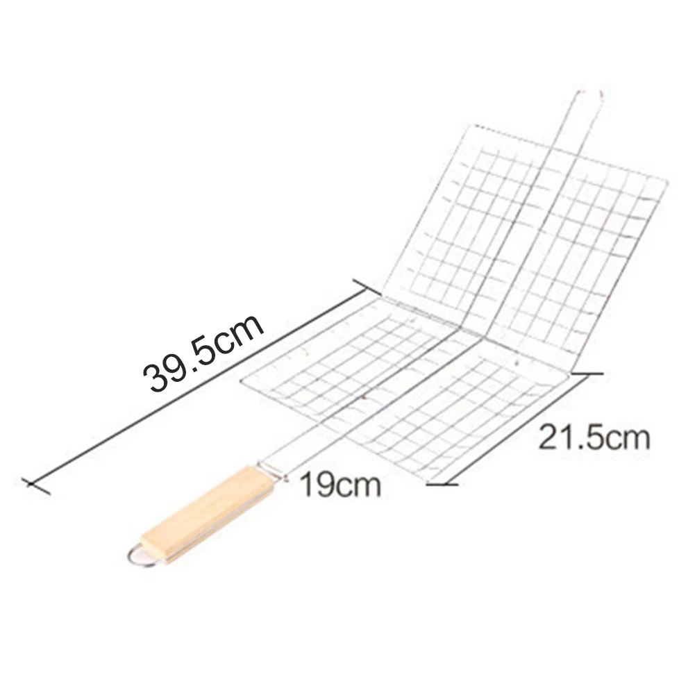 

Stainless Steel Nonstick Barbecue Grill Basket Tools Grill Mesh Fish Hamburger Goldbaking Portable Wooden Handle Meat Fish Clip