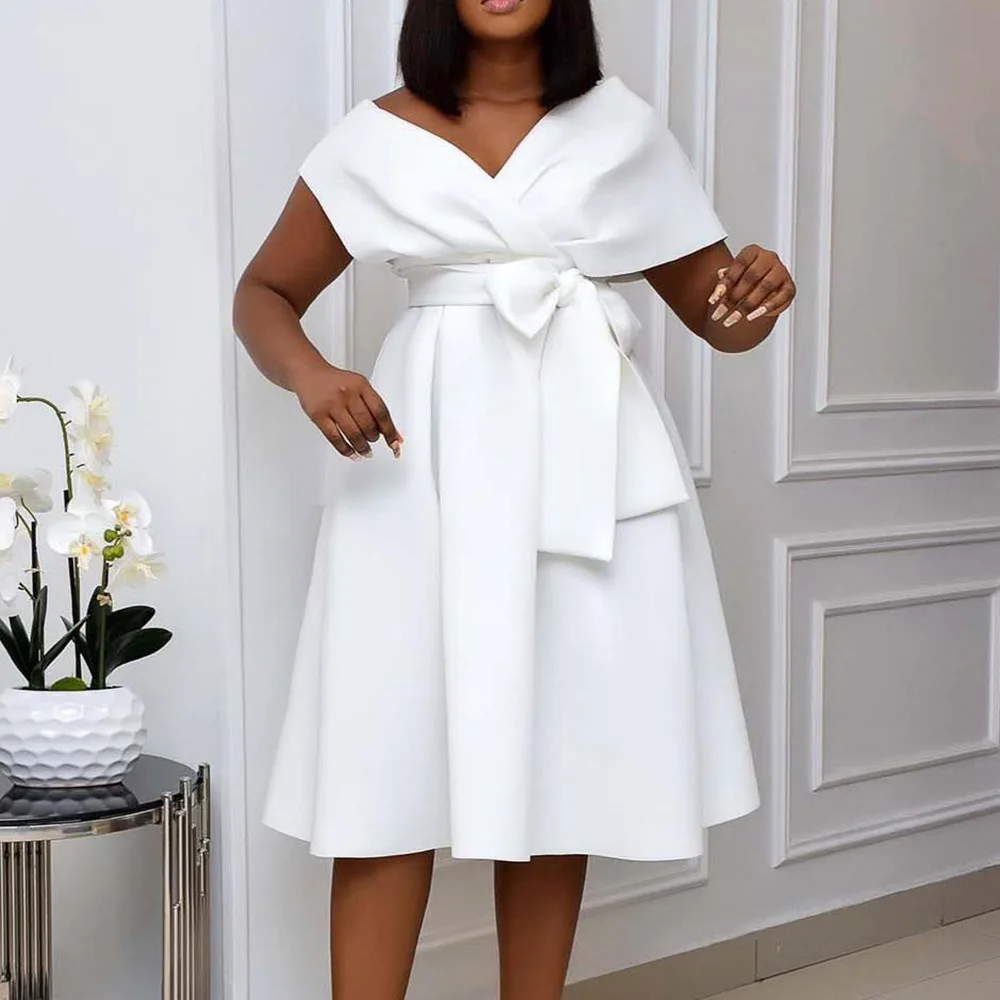 

Elegant Women Party Dress Sexy Deep V-neck A Line African Dresses Lace Up Bowknot Ladies Office Plus Size Vestidos Robes Female
