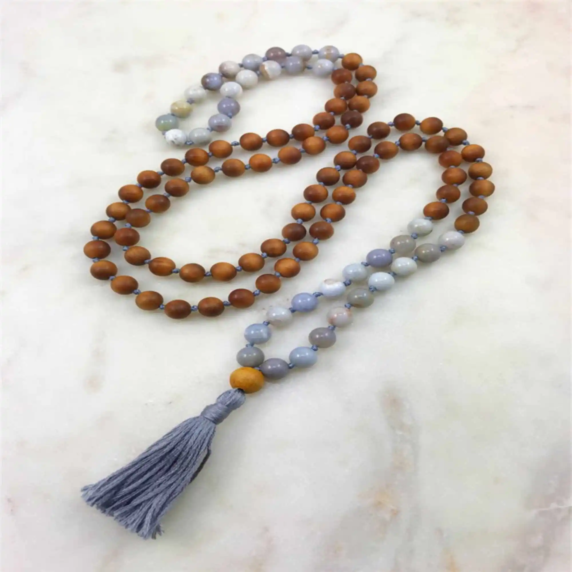 

8mm blue chalcedony 108 Buddha Beads Tassels Bracelets Gift Spirituality Meditation Cuff Relief Calming Inspiration Classic