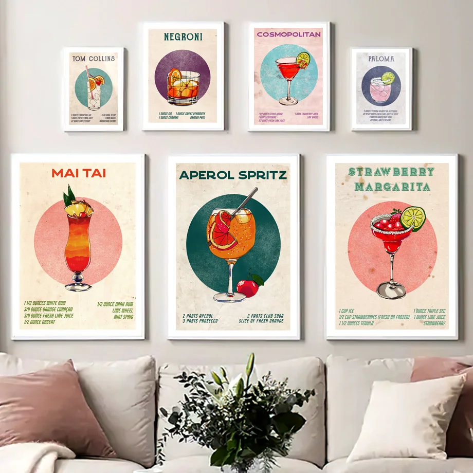 

Vintage Wine Glass Cocktail Negroni Caipirinha Nordic Posters And Prints Wall Art Canvas Painting Wall Pictures For Bar Decor
