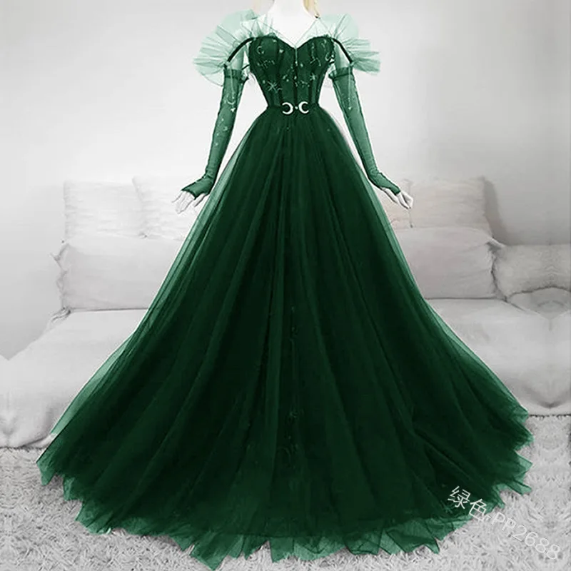 Женское платье с длинным рукавом винтажное макси и принтом Луны в средневековом