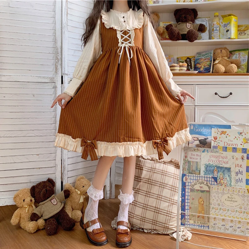 

Japanese Lolita Sweet bowknot Vintage Lolita Dress Women Long Sleeve High Waist Dress Kawaii Girl Princess Dress Vestido
