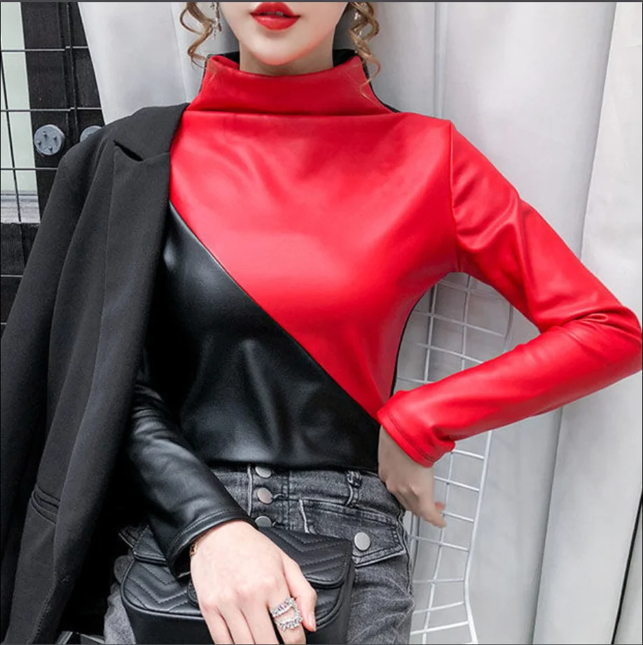 

Women's new winter fashion with velvet color matching and leather long sleeve T-shirt