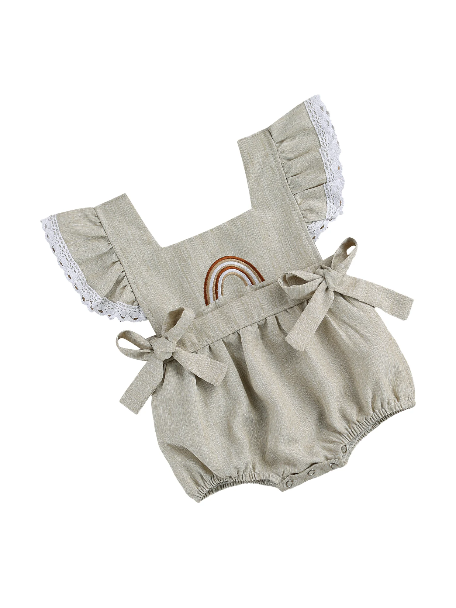 

Newborn Solid Color Baby's Romper Sleeveless Round Neck Bowknot Waist Triangle Crotch Rainbow Romper for Summer Outfit