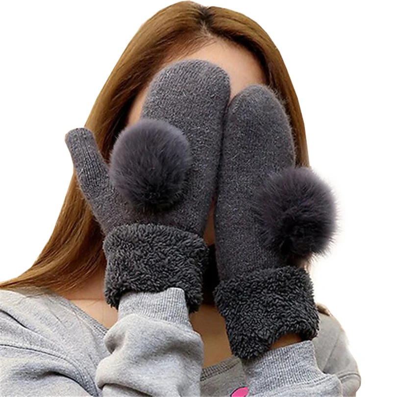 

CHSDCSI Cashmere Mittens Elegant Cotton Womens Fur Balls Winter Warm Full Finger Wrist Outdoor Ski Gloves Lady