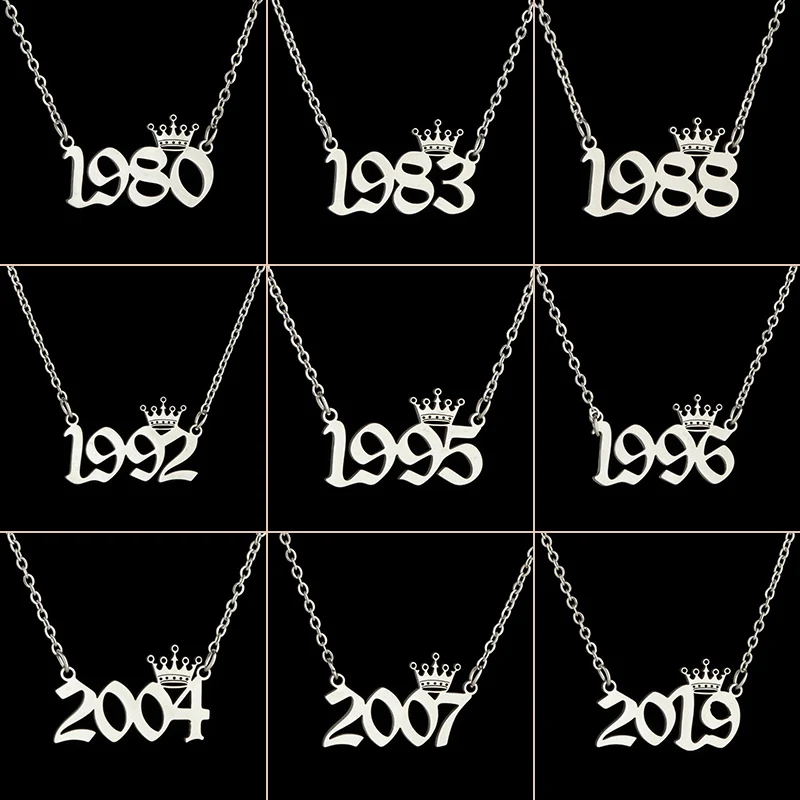 Stainless Steel Year Number Necklaces for Women Unique Date Birthday Tiaras Crown Year 1984 1999 1996 1997 2002 Choker Gift Girl