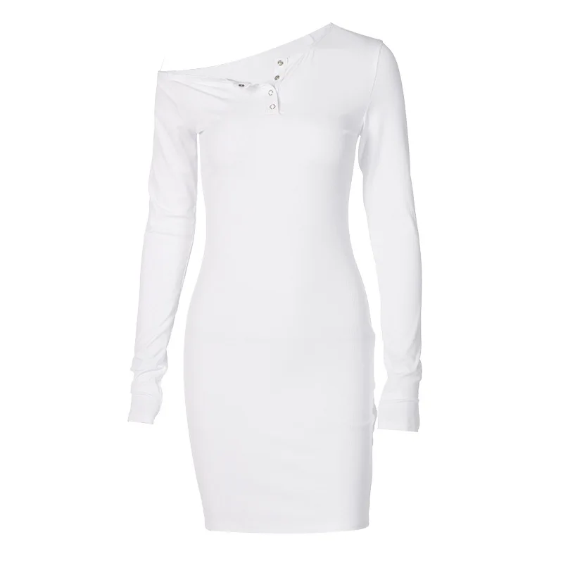 

YHLZBNH Autumn Sexy Slim Dress Women Solid Asymmetrical Neck Long Sleeve Front Button Bodycon Dresses Mini Party Dress Vestidos