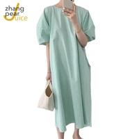 women elegant solid shirt maxi dress 2021 casual korean o neck dress short sleeve loose dresses vestidos