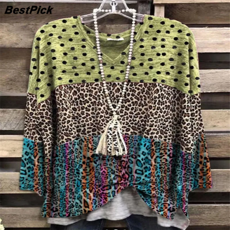 

2021 New Leopard Patchwork Women Long Sleeve T Shirts Plus Size Casual Cotton Ladies Tees Tops Steetwear Blusas