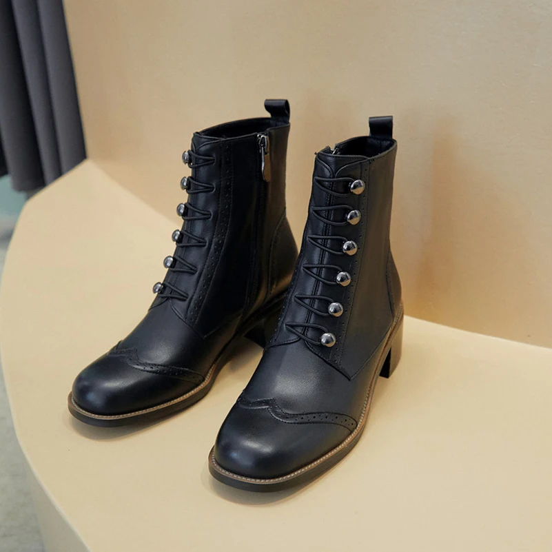 

Meotina Genuine Leather High Heel Short Boots Women Shoes Chunky Heels Zipper Lady Ankle Boots Autumn Winter Apricot Size 33-41