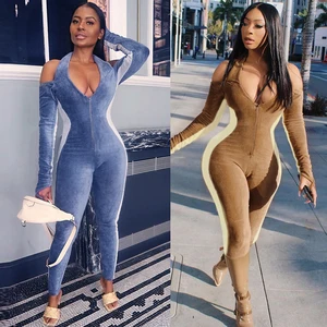 Женский бархатный комбинезон на молнии, с лямкой на шее