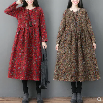 

Vintage Women Floral Printed Sundress autumn New Thin Bohemian Long Sleeve Cotton Linen Midi Dress Casual Retro Vestido Kaftan