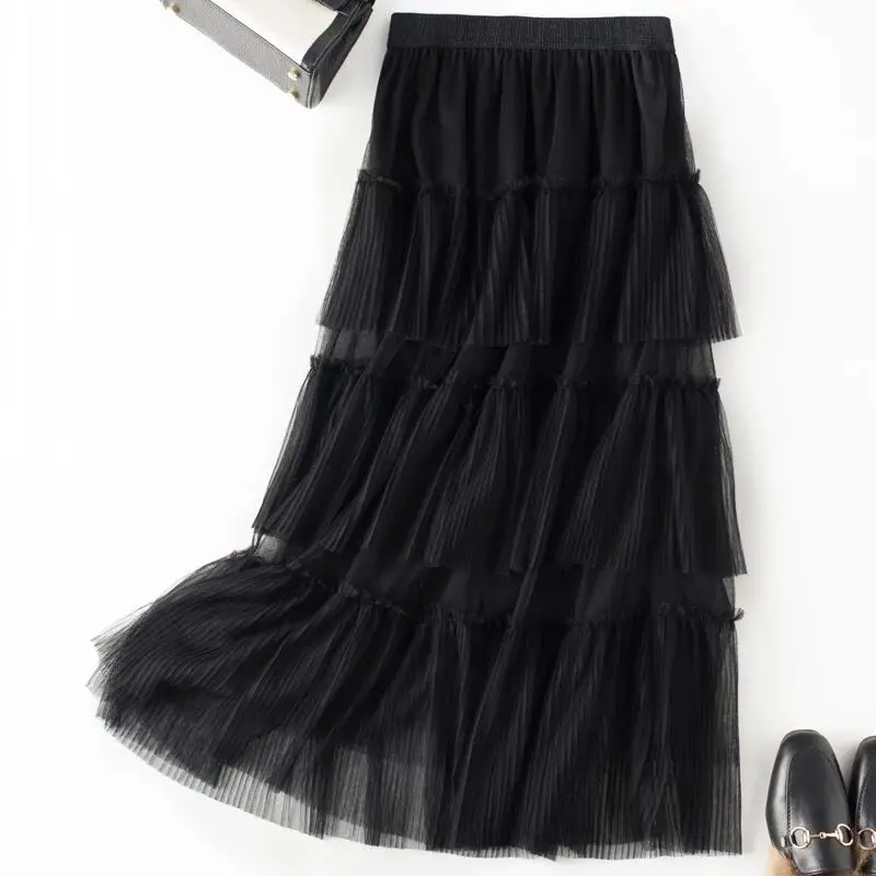 

2021 spring and autumn new mesh skirt half length cake skirt medium length fairy skirt high waist female mesh skirt