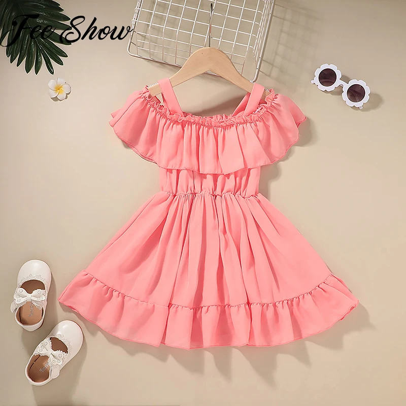 

Kid Flower Girls Dress Children Chiffon Tulle Ruffles Dress Party and Wedding Solid One-shoulder Summer Ball Gown Dresses 1-5Y