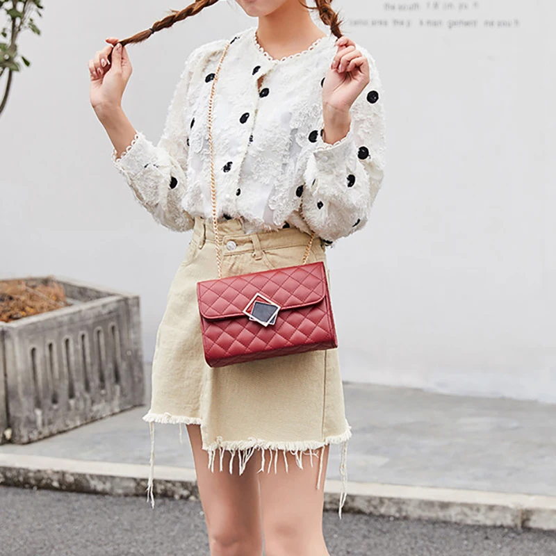 

Fashion Women's Handbag Casual Sling Chain Crossbody Shoulder Messenger Travel Diamond Lattice PU Envelope Flap Bags
