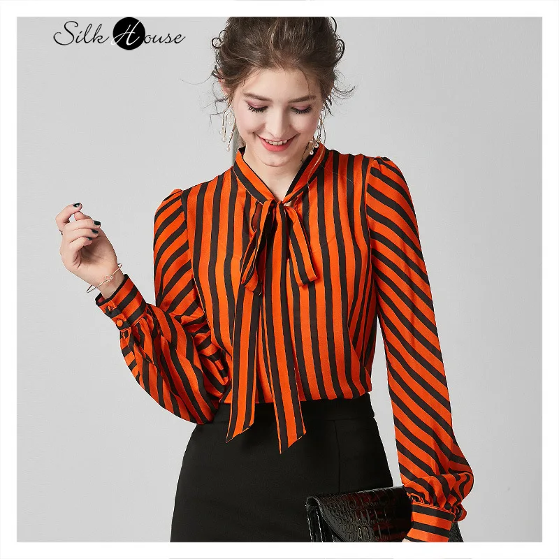

Printed Silk Top Elegant Fashion Lantern Sleeve Silk Striped Shirt 2020 Fashion New Style