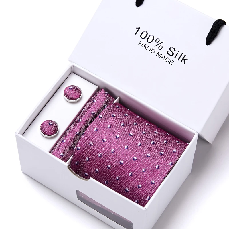 

Fashion Vangise Brand Holiday Present Silk Tie Pocket Squares Cufflink Set Necktie Box Dropshipping Dark Red Man's Easter Day