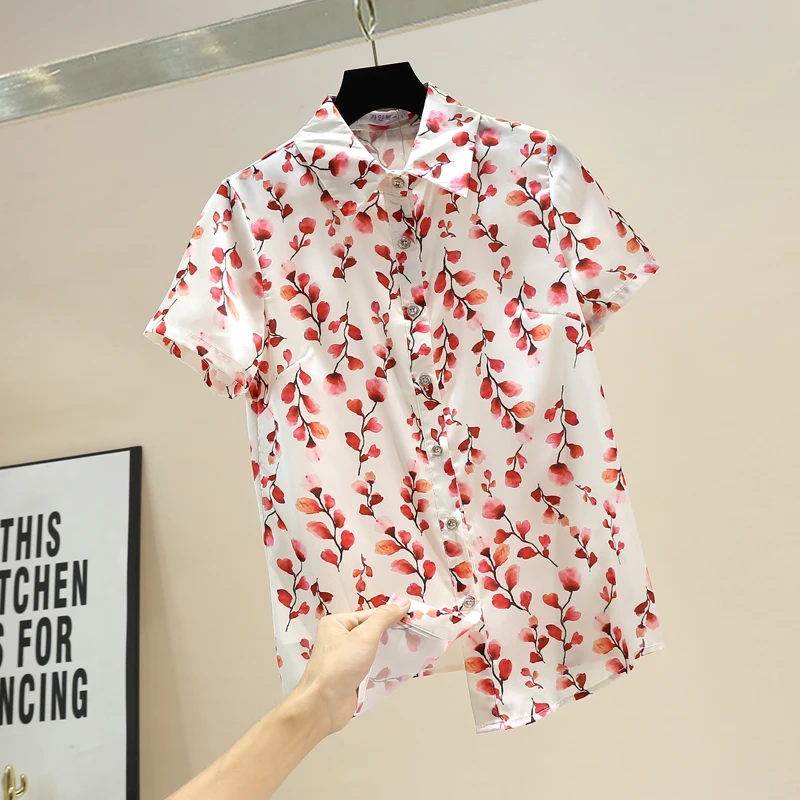 

Plus Size Blouses Women 2021 Summer New Temperamental Floral Print All-Match Slim-Fit Satin Shirt Short Sleeve Tops