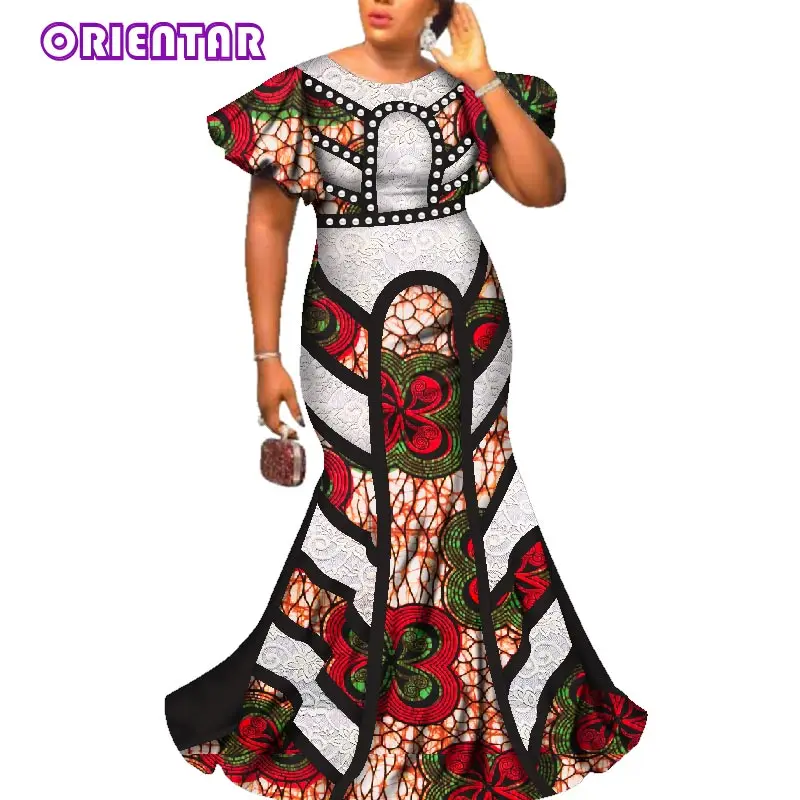 Elegant Lady African Print Maxi Dresses Women Bazin Riche Lace O-neck Dashiki African Traditional Dress Robe Africaine WY2586