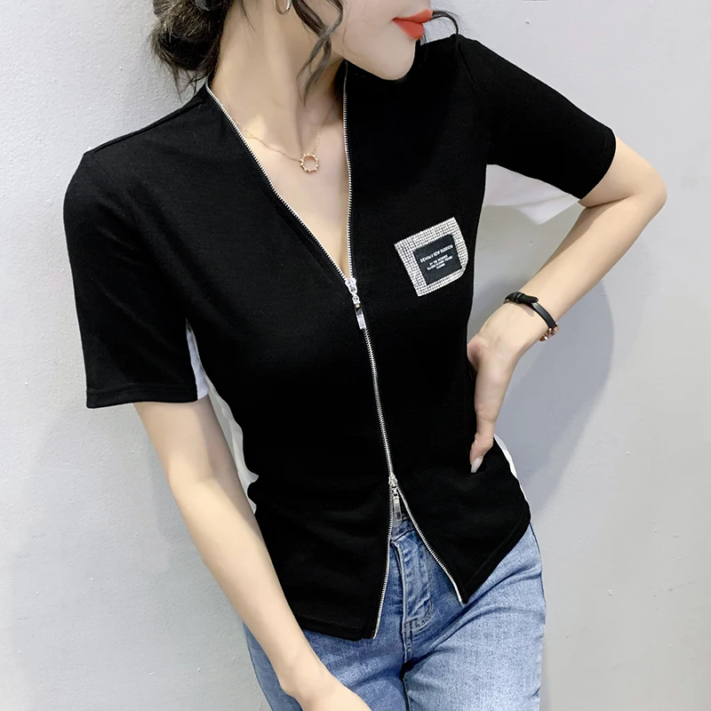 

summer new splice short Sleeve Women Tops zipper Casual Slim O Neck women cardigan T Shirts 2021 women sexy tops