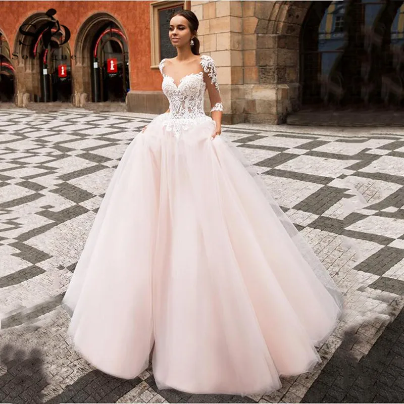 

Scoop O-Neck Long Sleeve Wedding Dresses Appliques Custom Made Tulle Gowns Court Train vestido de noiva Bridal Dress