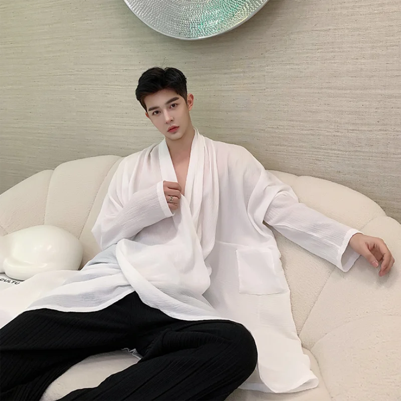Men's Long Sleeves Long Shirt Spring And Autumn New Deep V Collar Thin Ultra Loose Performance Clothing Trend Large Size Shirt