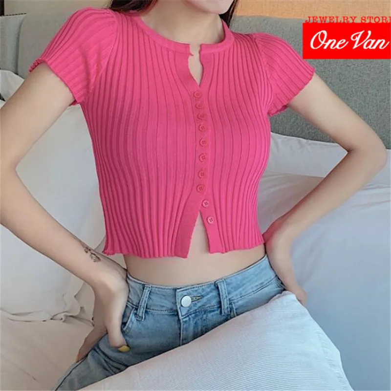 Новинка лета 2020 короткий топ тонкий однотонный Тонкий Повседневный трикотажный