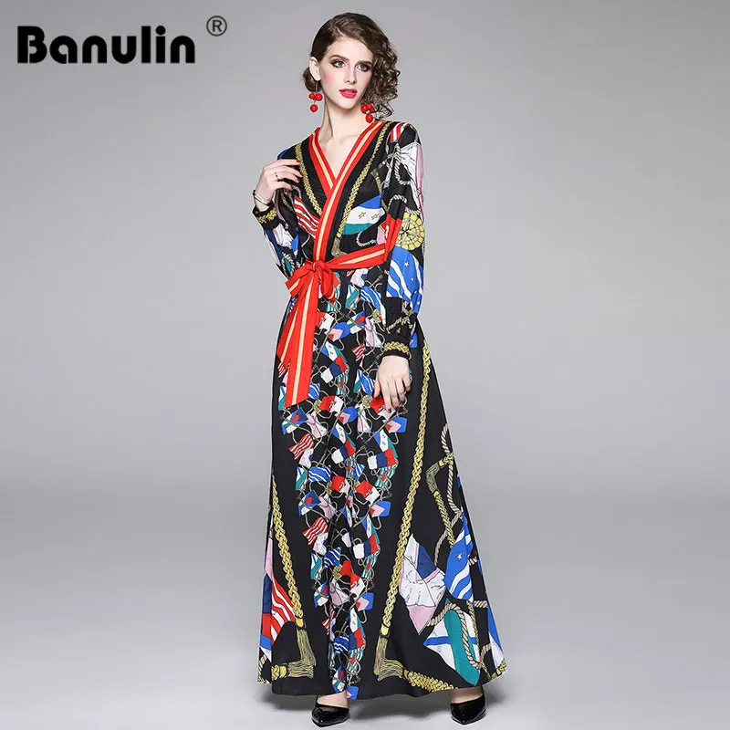 Banulin, Новинка осени, модное подиумное платье, женское, v-образный вырез, спереди, с завязками, винтажное, цветочное, в полоску, с принтом, ТРАПЕЦИЕВИДНОЕ, длинное, макси платье
