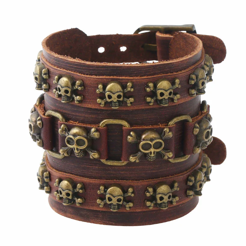 7cm Wide Genuine Leather Wrap Bracelet Punk Rock Skull Head Cuff Bangles 2020 Fashion Jewelry For Men | Украшения и аксессуары
