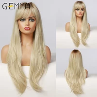 gemma ombre brown golden blonde long straight wig with side bangs layered synthetic hair for woman afro heat resistant fibre