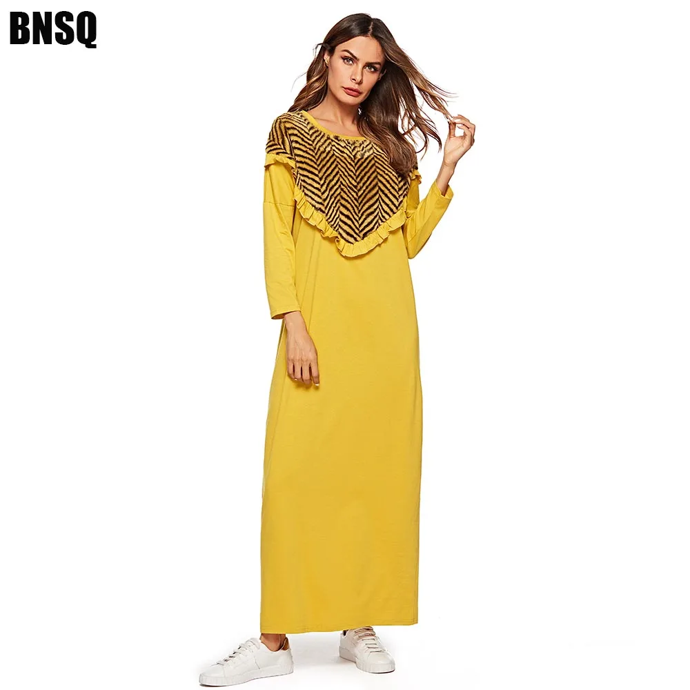 BNSQ Средний Восток абайя платье Желтый вязать сшивание Поддельные Плюшевые