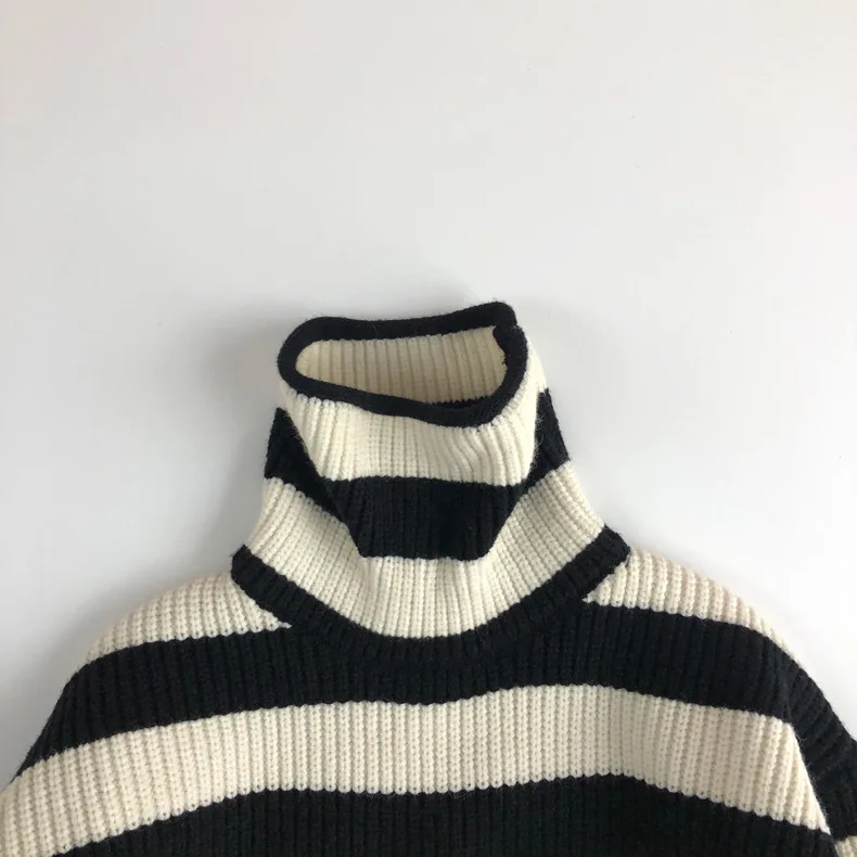 Su&eacute;ter cl&aacute;sico a rayas blancas y negras para ni&ntilde;os, jersey de cuello alto, c&aacute;lido, Tops de invierno y primavera, 9604D-1