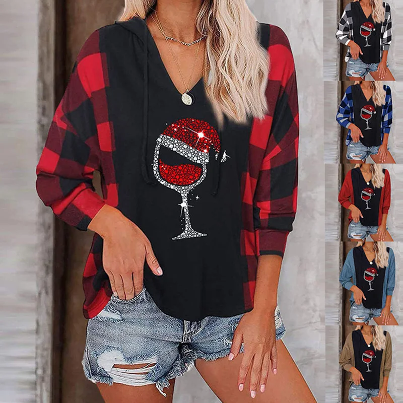 

Women's Autumn New Halloween Christmas Harajuku V-Neck Long Sleeve T Shirt Loose Fashion Pullover Christmas Hat Printing Tops