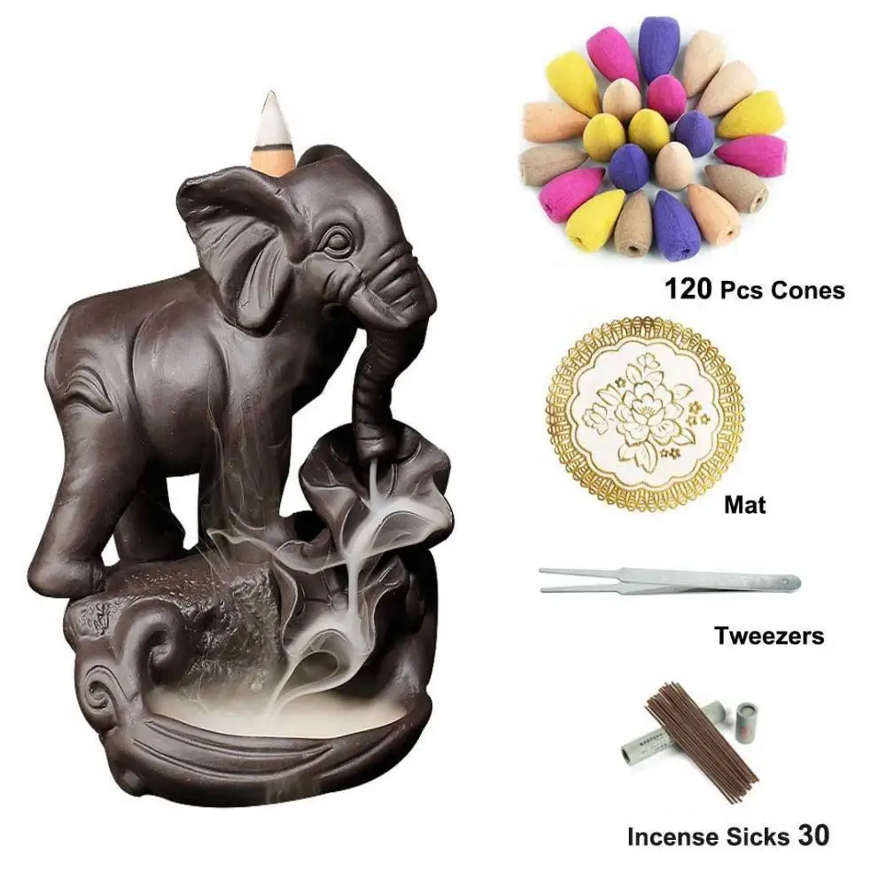 

Smoke Waterfall Incense Sticks Holder Elephant God Backflow Incense Burner With 20 Pcs Cones Home Decor Ganesha Ceramic Censer