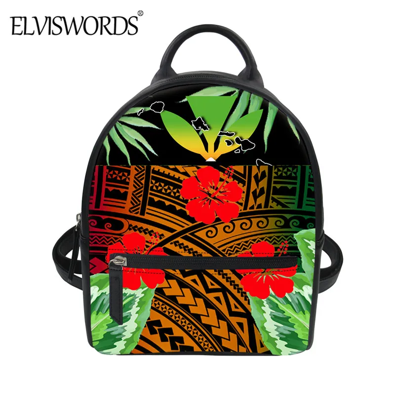 

ELVISWORDS Polynesian Hibiscus With Tribal Pattern Mini Backpack For Women Durable PU Leather Sack Female Casual Shoulder Bag