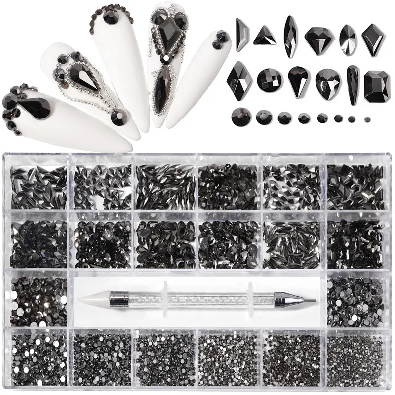 

3100Pcs Mine Black Nail Rhinestone Decoration Nail Art Dotting Pen Manicure Kits Irregular Bead 3D Non HotFix FlatBack Studs Gem
