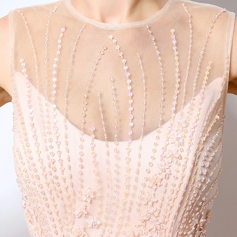 

Elegant Tulle Blush 2021 Long Evening Dresses Arabic Sheer Neckline Sequins Prom Gowns Party Women Dubai Rode De Doiree LX065