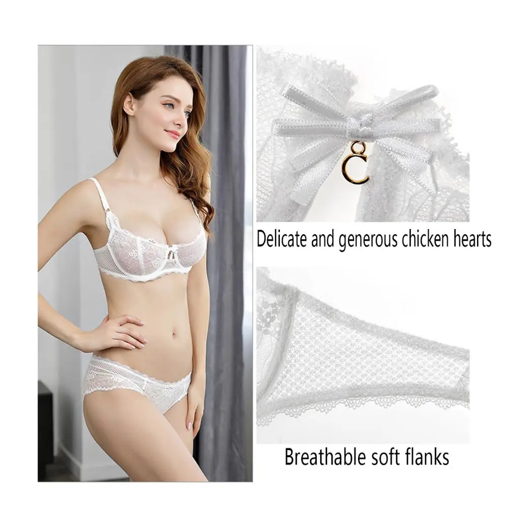 

IreneTinnie White Lace Bra Set 3/4Cup Hollow Out Brassiere See Through Bra Transparent Lingerie Women Plus Size Sexy Underwear