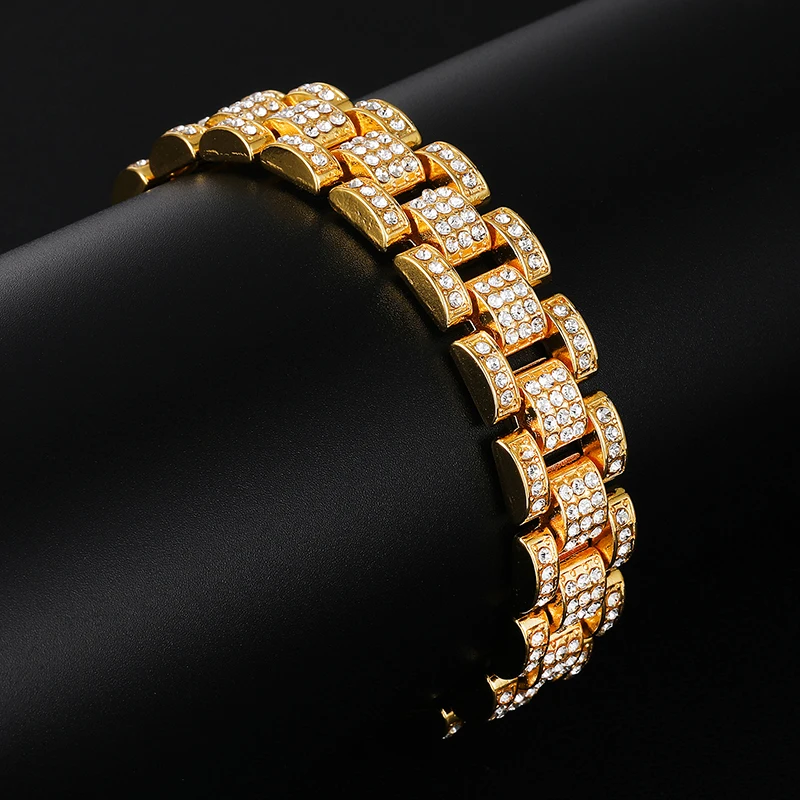 Хип хоп Iced Out Bling цвета: золотистый, серебристый полный часы со стразами группа звено цепи браслеты для мужчин рэппер ювелирные изделия