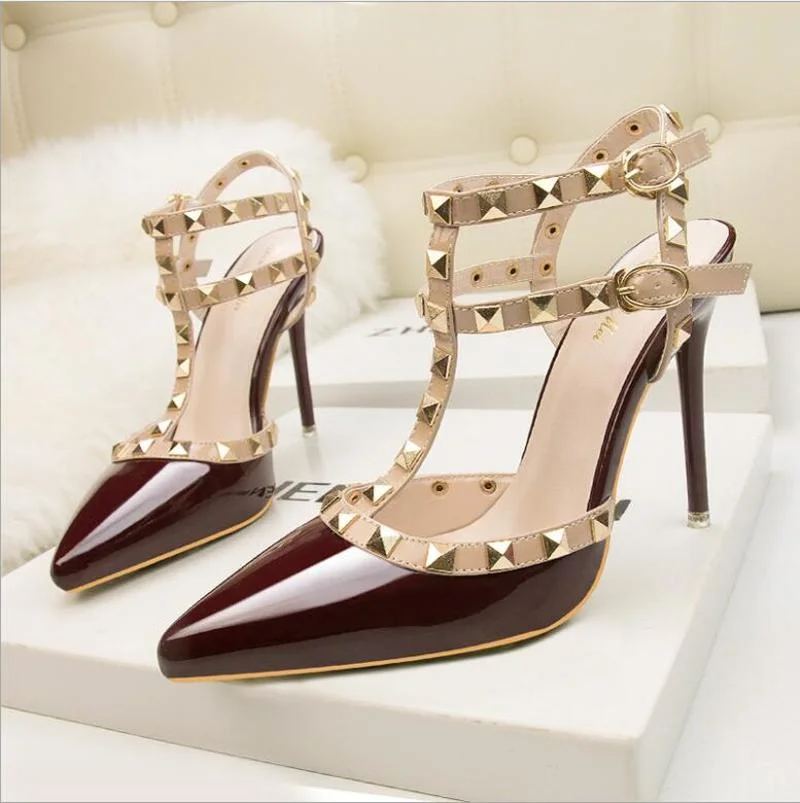 

Women's Shoes Rivets Sandals Female Summer 10CM Thick with Fine with High-heeled Shoes Pointed Stiletto Sexy Nightclub Word